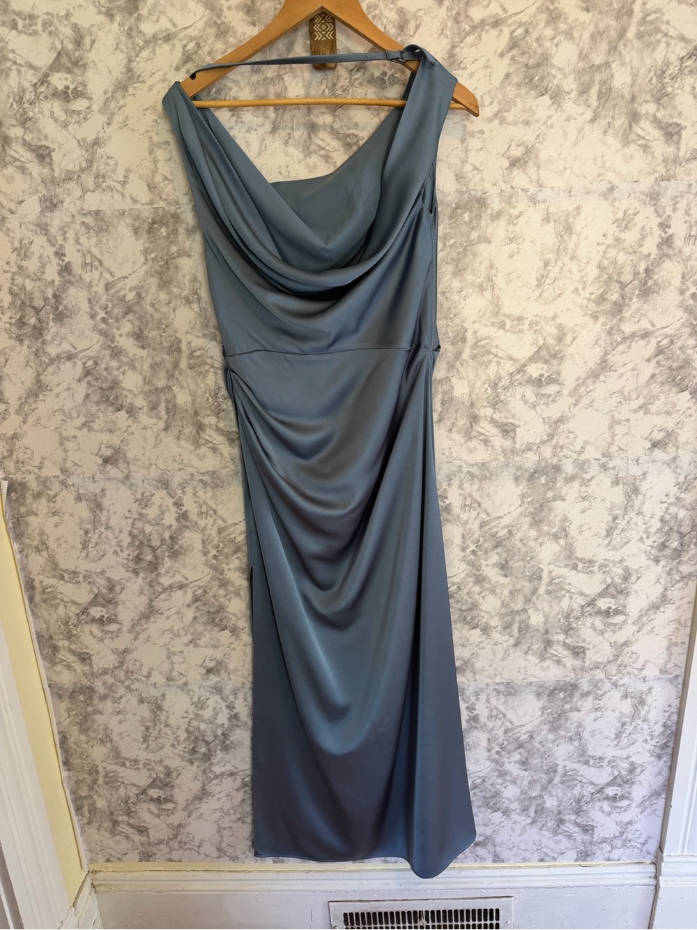 Elegant Draped Off One Shoulder Women’s Formal Dress in Slate Blue